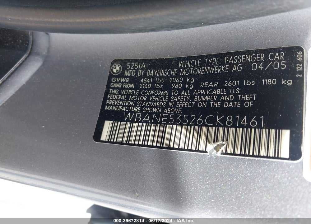 2006 BMW 525I VIN: WBANE53526CK81461