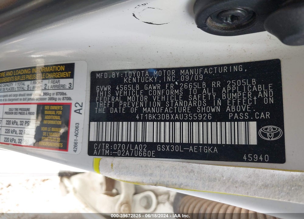 2010 TOYOTA AVALON XLS VIN: 4T1BK3DBXAU355926