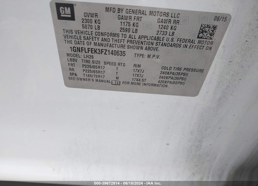2015 CHEVROLET EQUINOX 1LT VIN: 1GNFLFEK3FZ140635