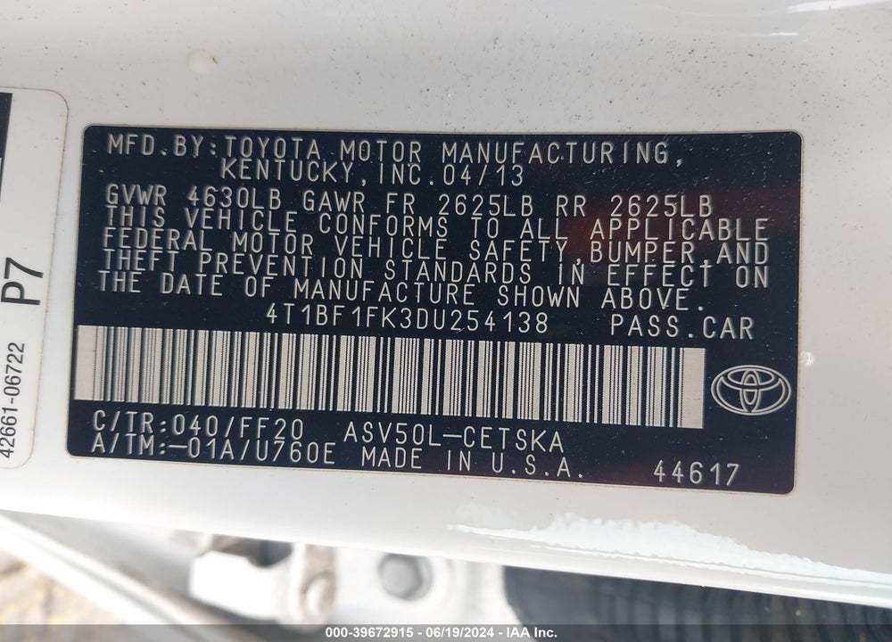 2013 TOYOTA CAMRY SE VIN: 4T1BF1FK3DU254138
