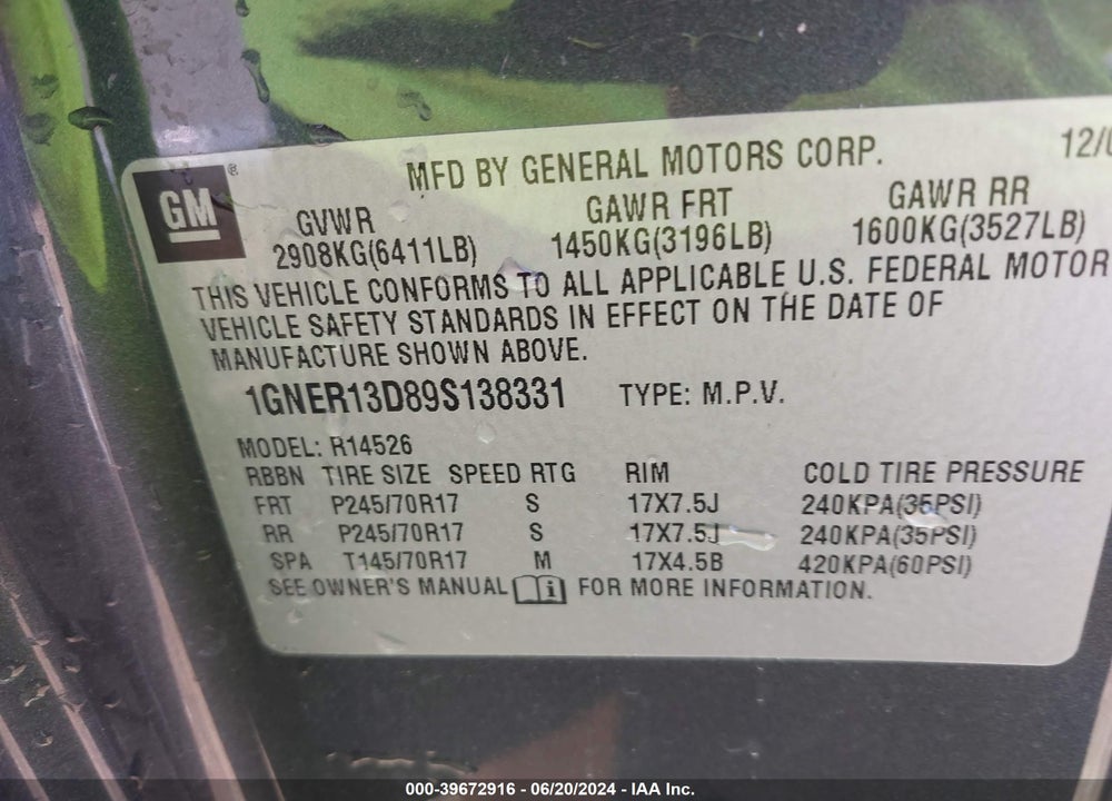 2009 CHEVROLET TRAVERSE LS VIN: 1GNER13D89S138331