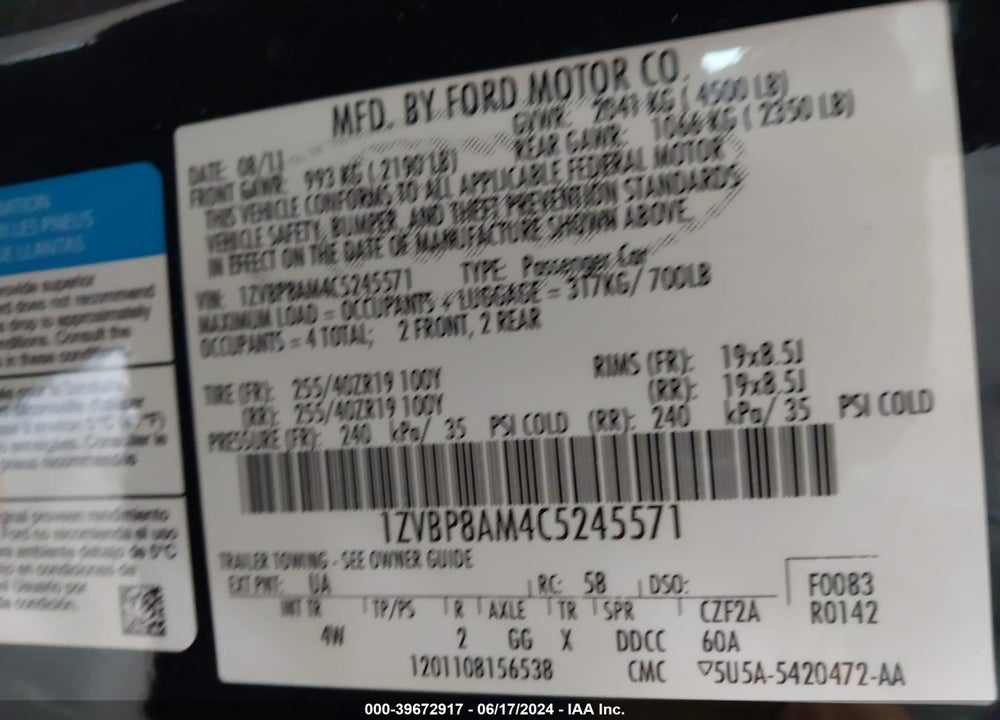 2012 FORD MUSTANG V6 PREMIUM VIN: 1ZVBP8AM4C5245571
