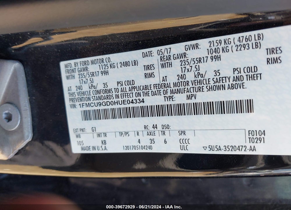 2017 FORD ESCAPE SE VIN: 1FMCU9GD0HUE04334