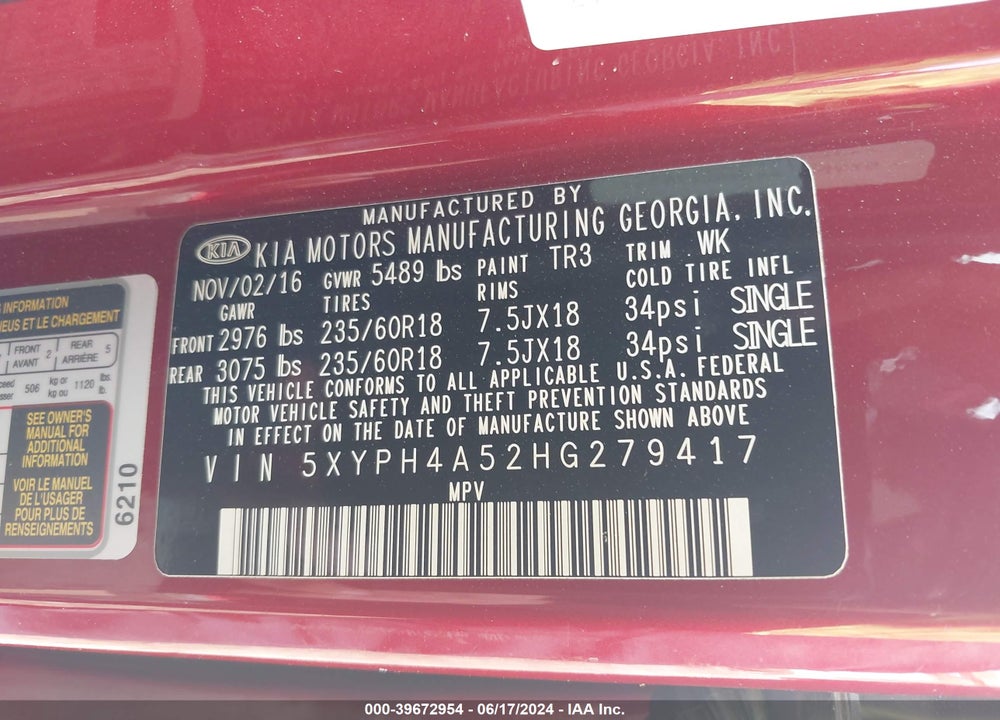 2017 KIA SORENTO 3.3L EX VIN: 5XYPH4A52HG279417