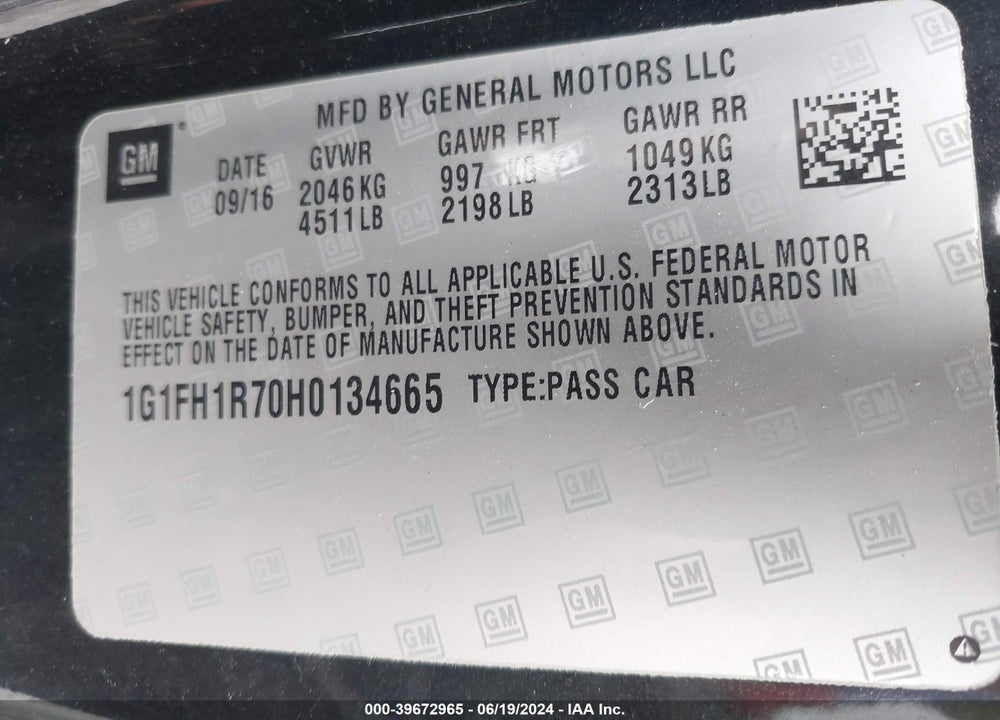 2017 CHEVROLET CAMARO 2SS VIN: 1G1FH1R70H0134665