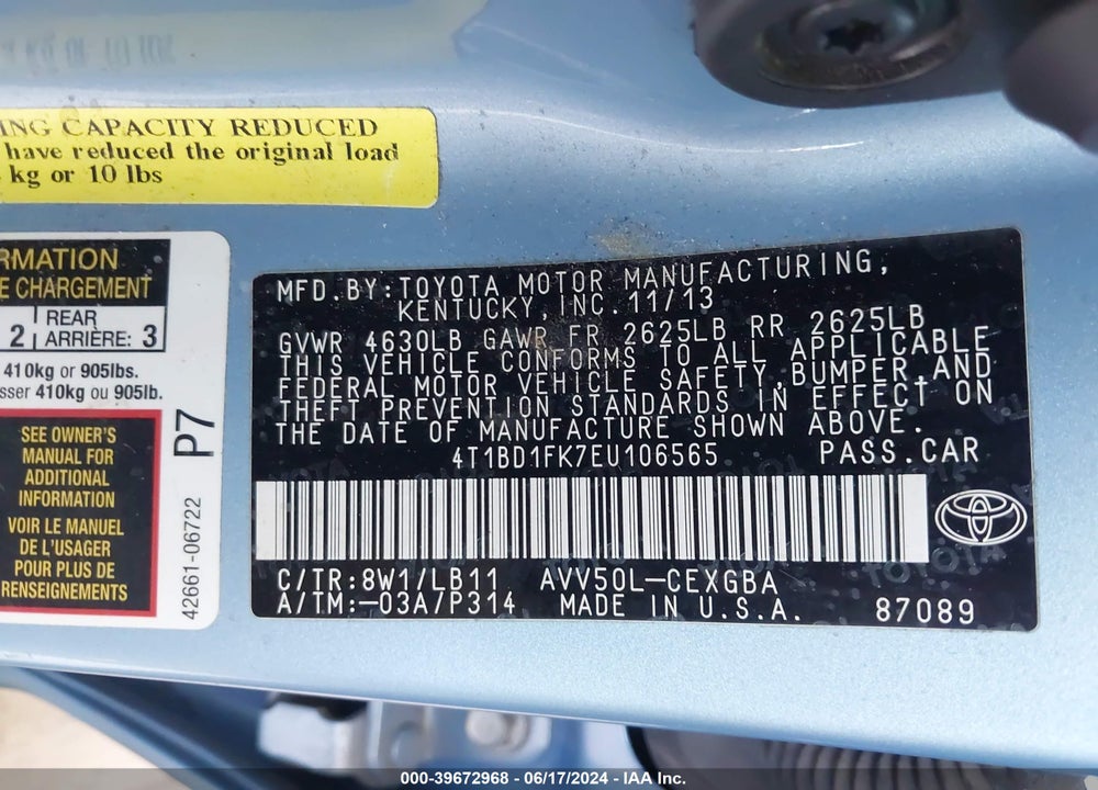 2014 TOYOTA CAMRY HYBRID XLE VIN: 4T1BD1FK7EU106565