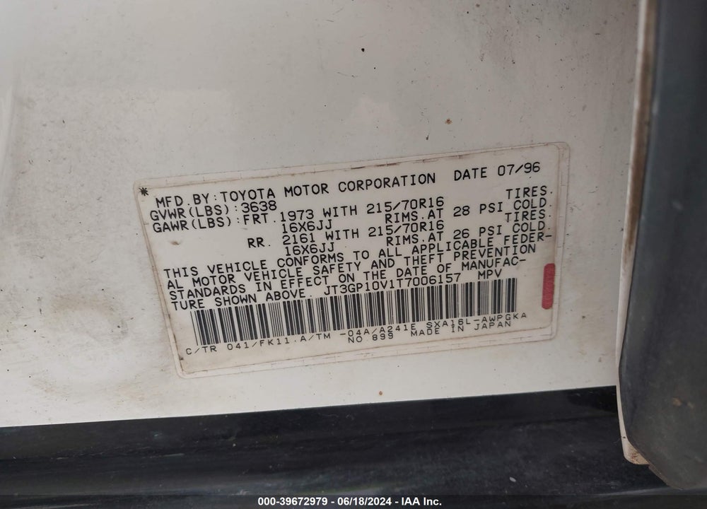 1996 TOYOTA RAV4 VIN: JT3GP10V1T7006157
