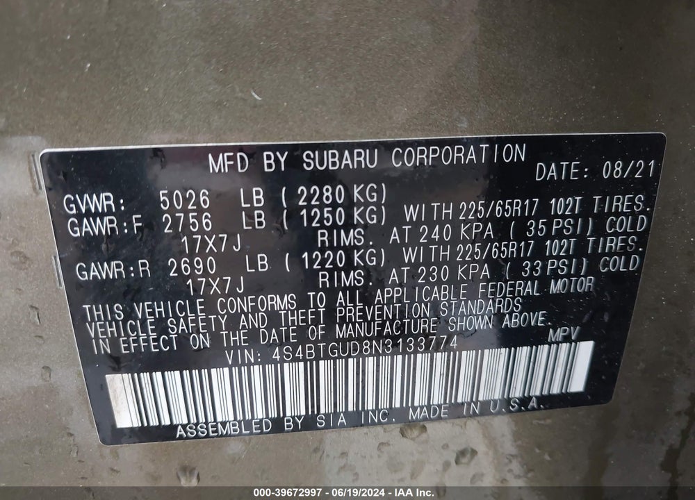 2022 SUBARU OUTBACK WILDERNESS VIN: 4S4BTGUD8N3133774
