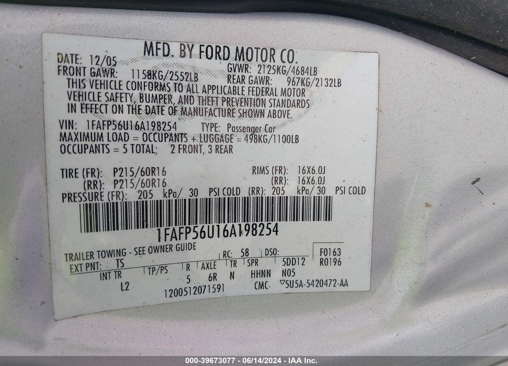 2006 FORD TAURUS SEL VIN: 1FAFP56U16A198254