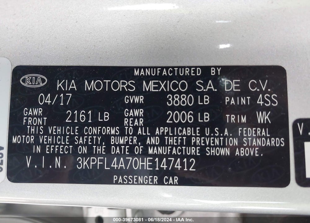 2017 KIA FORTE LX VIN: 3KPFL4A70HE147412