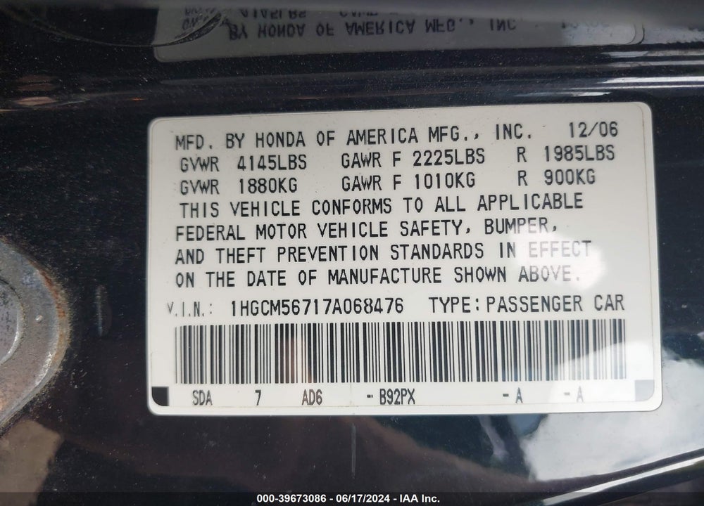 2007 HONDA ACCORD 2.4 EX VIN: 1HGCM56717A068476