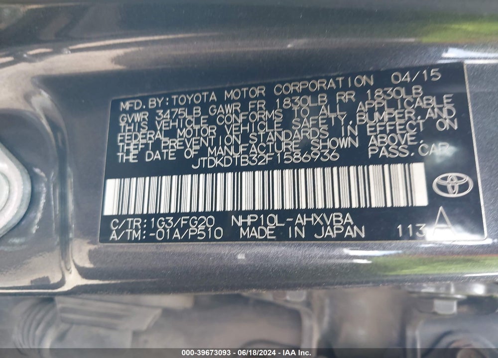 2015 TOYOTA PRIUS C TWO VIN: JTDKDTB32F1586936
