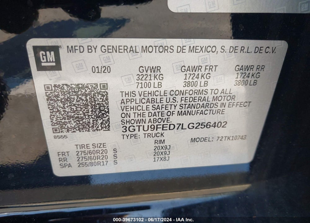 2020 GMC SIERRA 1500 VIN: 3GTU9FED7LG256402