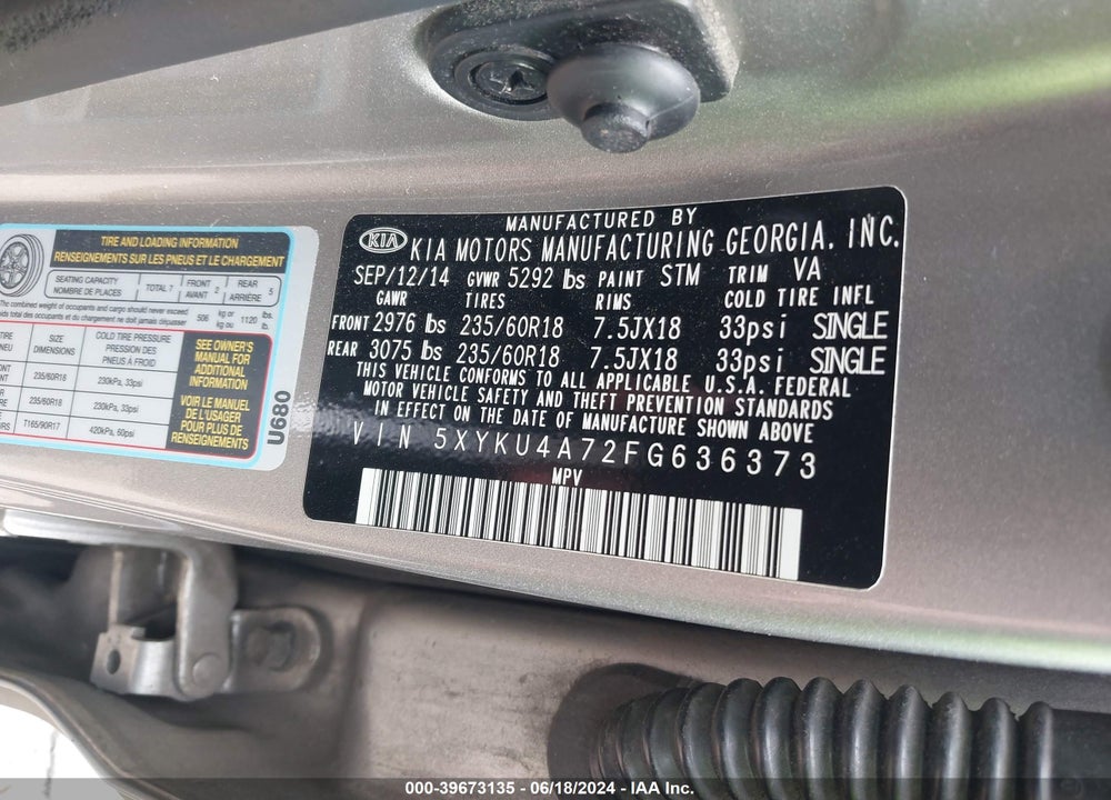 2015 KIA SORENTO EX V6 VIN: 5XYKU4A72FG636373