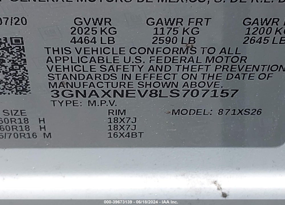 2020 CHEVROLET EQUINOX FWD PREMIER 1.5L TURBO VIN: 3GNAXNEV8LS707157