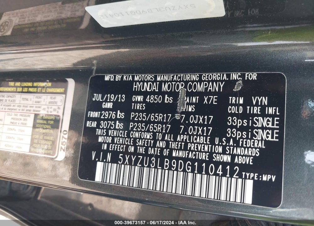 2013 HYUNDAI SANTA FE SPORT VIN: 5XYZU3LB9DG110412