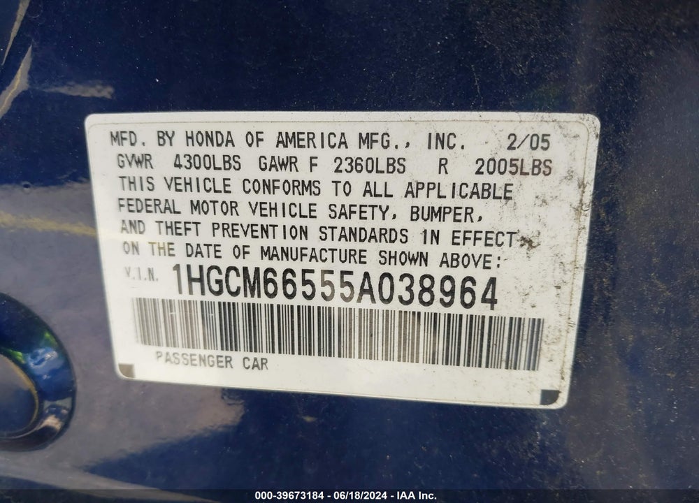 2005 HONDA ACCORD 3.0 EX VIN: 1HGCM66555A038964
