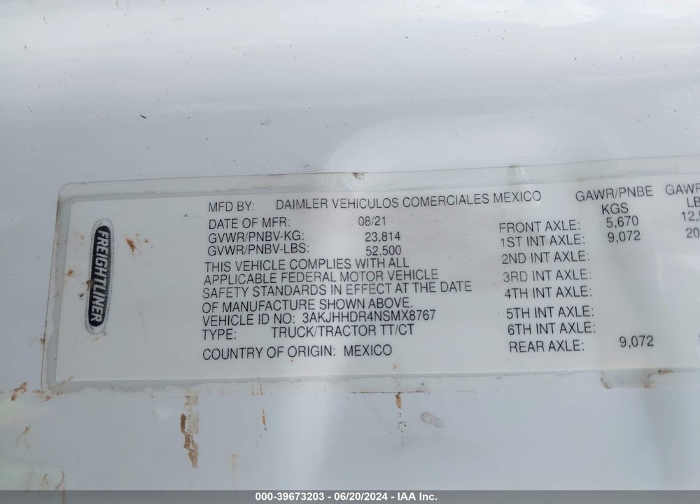 2022 FREIGHTLINER NEW CASCADIA 126 VIN: 3AKJHHDR4NSMX8767