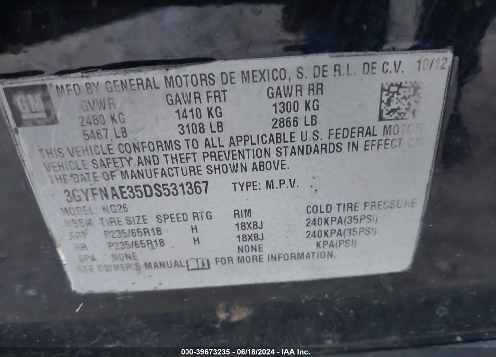 2013 CADILLAC SRX STANDARD VIN: 3GYFNAE35DS531367
