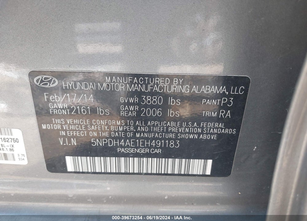 2014 HYUNDAI ELANTRA SE VIN: 5NPDH4AE1EH491183