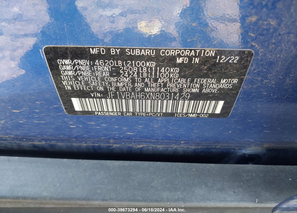 2022 SUBARU WRX PREMIUM VIN: JF1VBAH6XN8031429