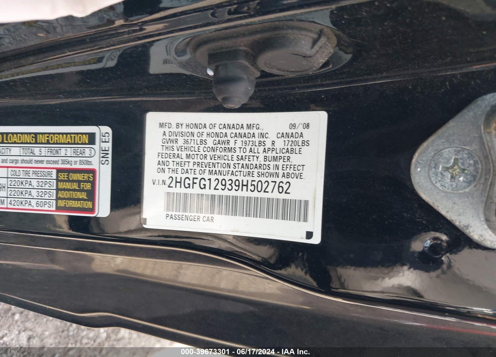 2009 HONDA CIVIC EX-L VIN: 2HGFG12939H502762