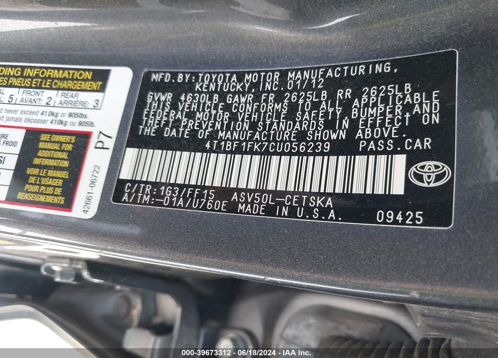 2012 TOYOTA CAMRY SE VIN: 4T1BF1FK7CU056239