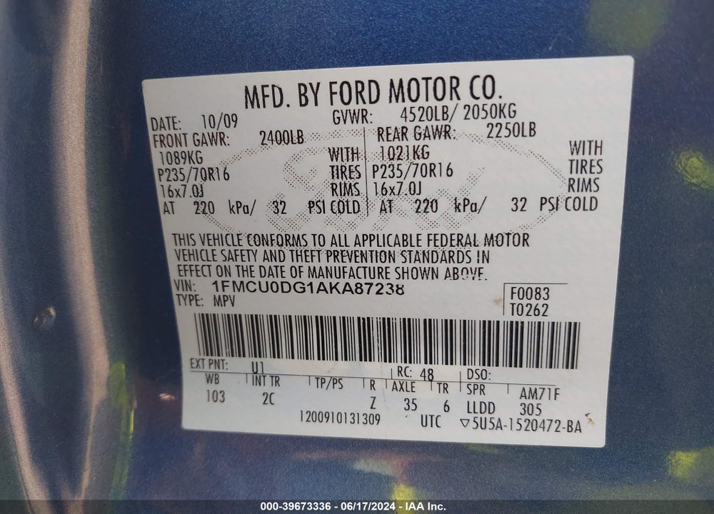 2010 FORD ESCAPE XLT VIN: 1FMCU0DG1AKA87238