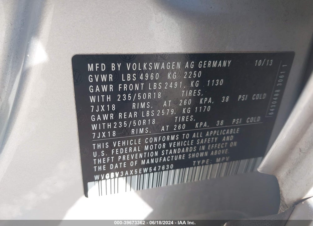 2014 VOLKSWAGEN TIGUAN SEL VIN: WVGBV3AX5EW547630