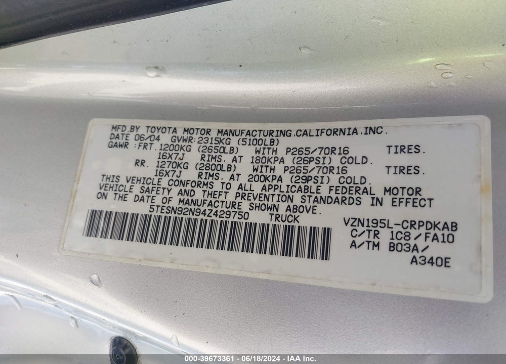 2004 TOYOTA TACOMA PRERUNNER V6 VIN: 5TESN92N94Z429750
