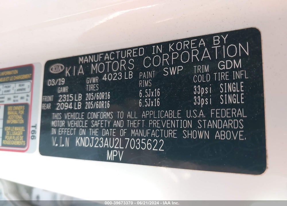 2020 KIA SOUL LX VIN: KNDJ23AU2L7035622
