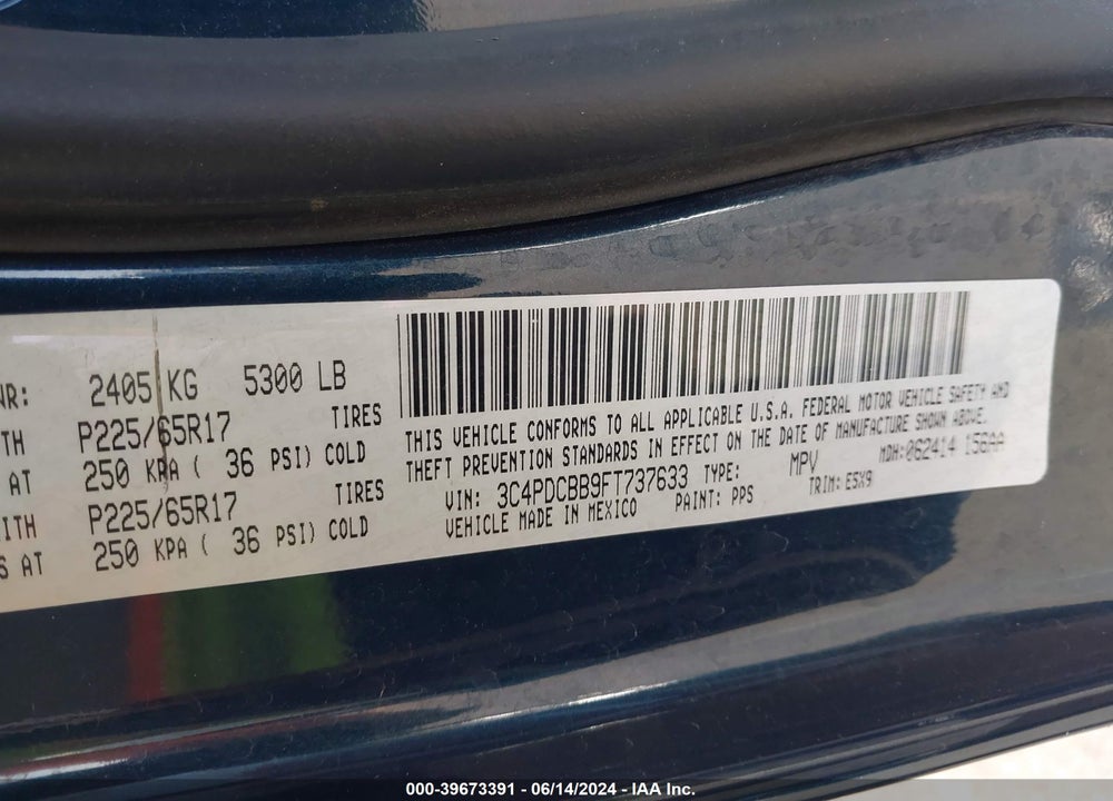 2015 DODGE JOURNEY SXT VIN: 3C4PDCBB9FT737633