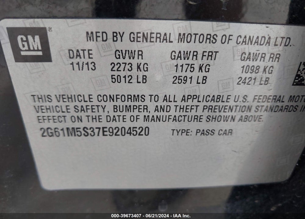 2014 CADILLAC XTS LUXURY VIN: 2G61M5S37E9204520