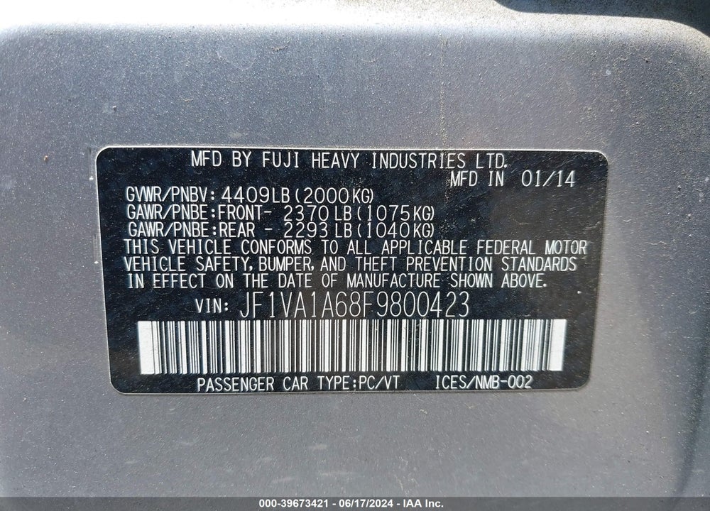 2015 SUBARU WRX VIN: JF1VA1A68F9800423