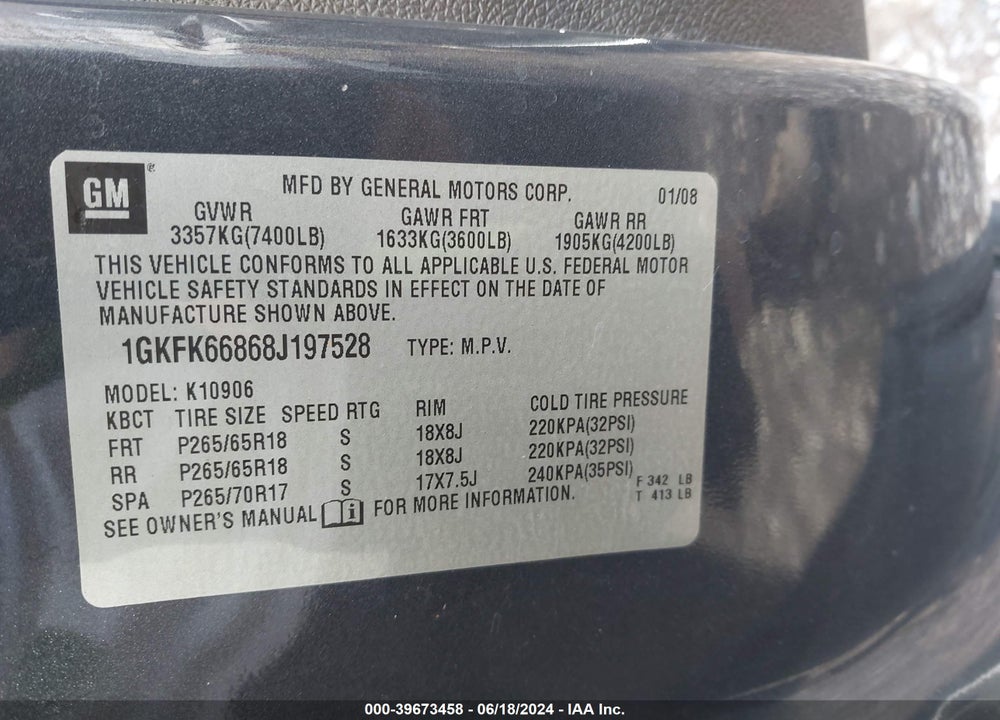 2008 GMC YUKON XL 1500 DENALI VIN: 1GKFK66868J197528