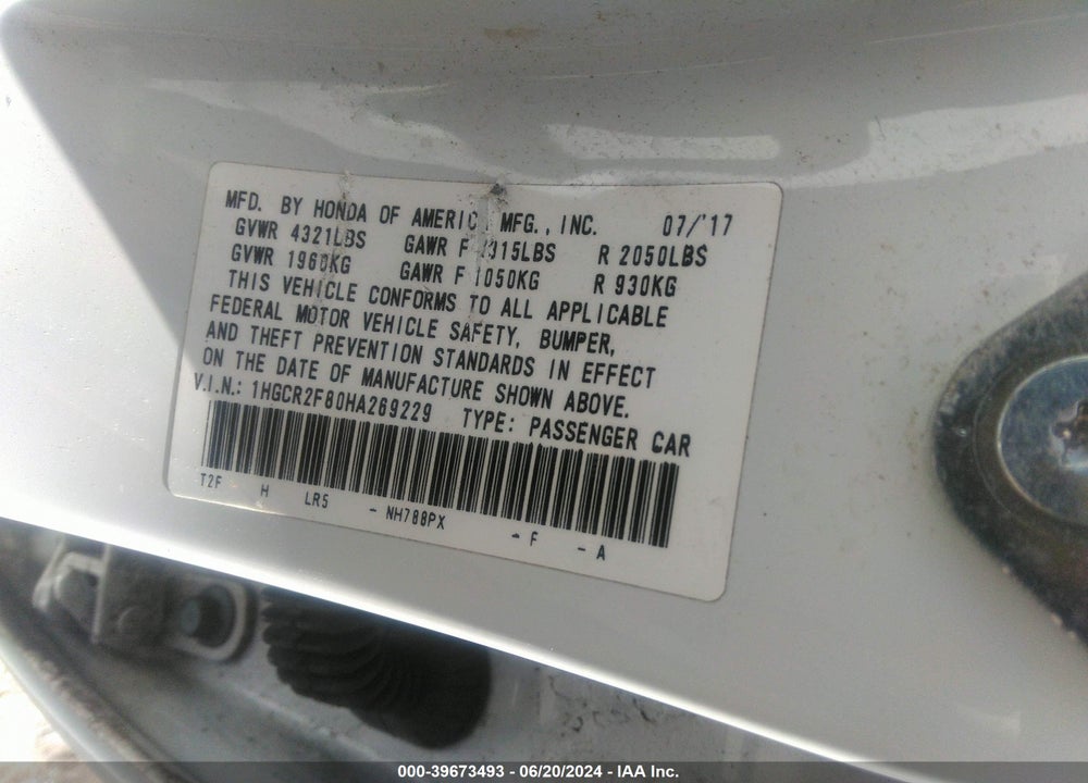 2017 HONDA ACCORD EX-L VIN: 1HGCR2F80HA269229