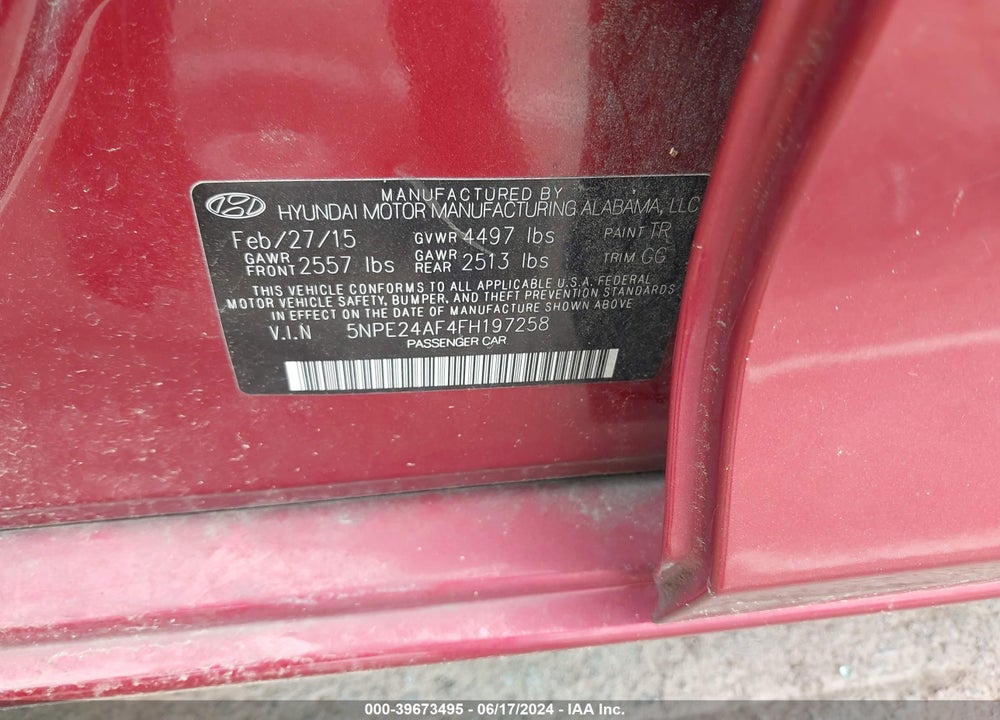 2015 HYUNDAI SONATA SE VIN: 5NPE24AF4FH197258