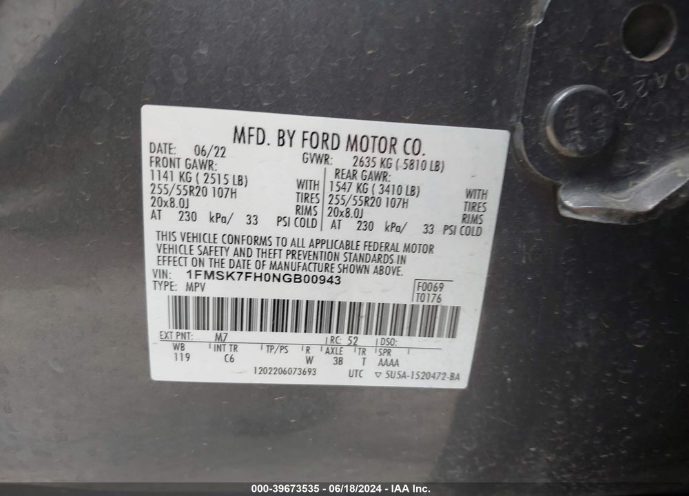2022 FORD EXPLORER LIMITED VIN: 1FMSK7FH0NGB00943