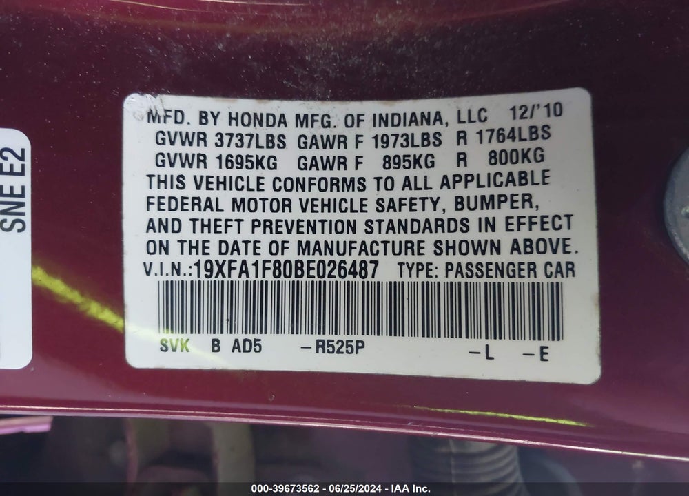 2011 HONDA CIVIC EX VIN: 19XFA1F80BE026487