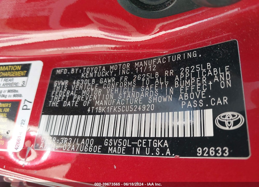 2012 TOYOTA CAMRY XLE V6 VIN: 4T1BK1FK5CU524920