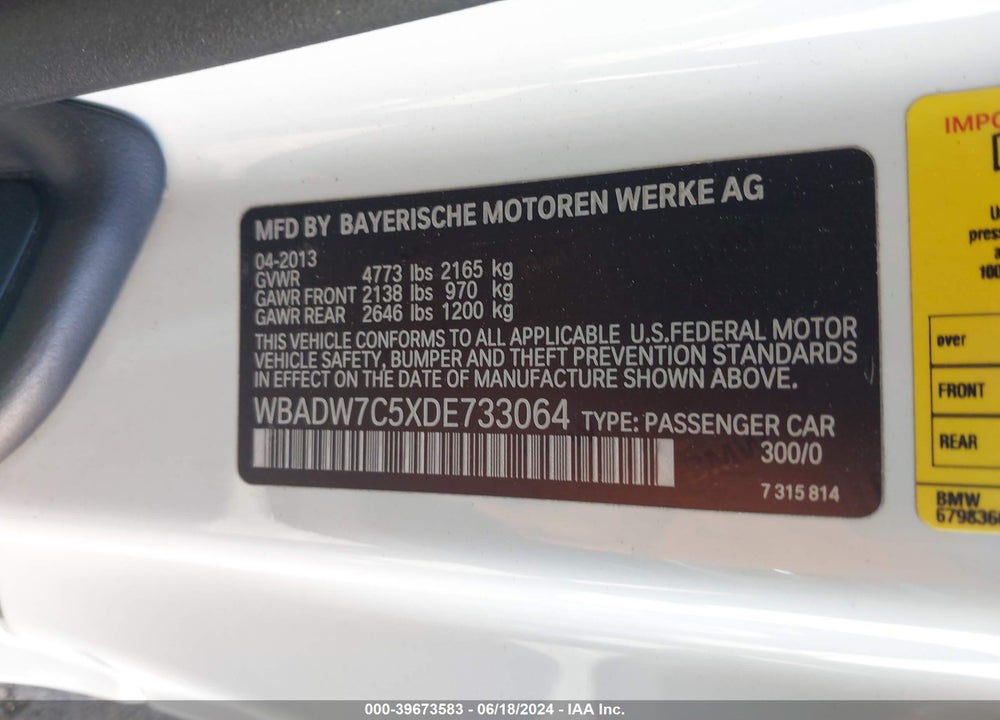 2013 BMW 328I VIN: WBADW7C5XDE733064