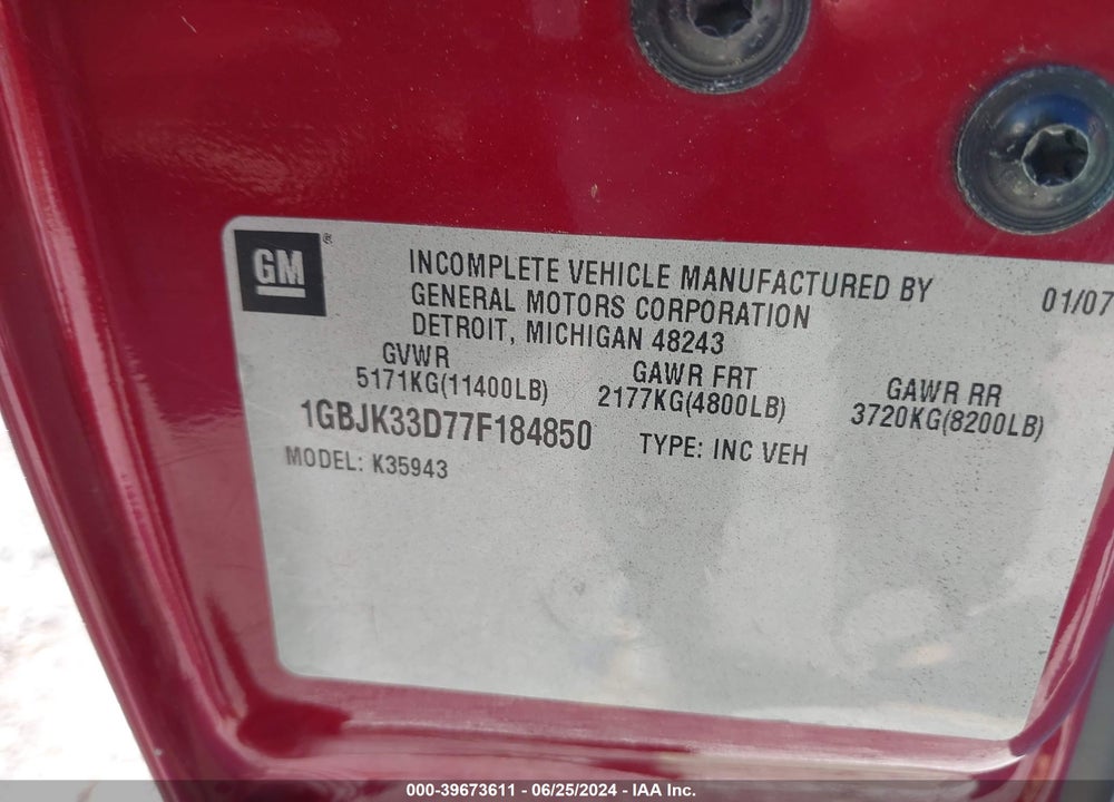 2007 CHEVROLET SILVERADO K3500 VIN: 1GBJK33D77F184850