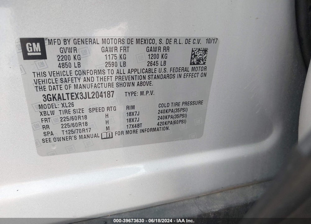 2018 GMC TERRAIN SLE VIN: 3GKALTEX3JL204187