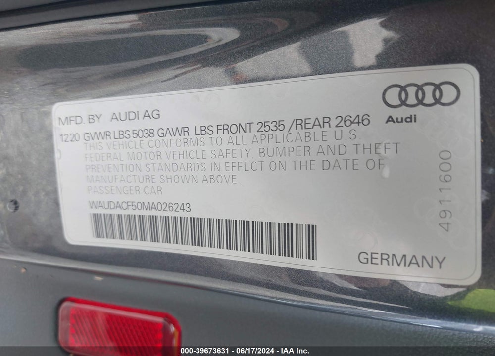 2021 AUDI A5 SPORTBACK PREMIUM 45 TFSI QUATTRO S TRONIC VIN: WAUDACF50MA026243