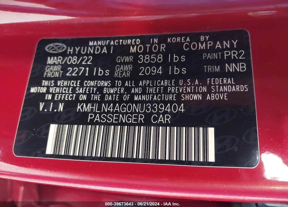 2022 HYUNDAI ELANTRA SEL VIN: KMHLN4AG0NU339404