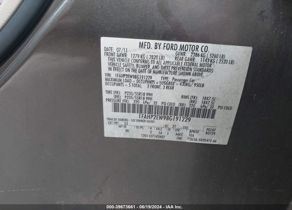 2011 FORD TAURUS SEL VIN: 1FAHP2EW9BG191229