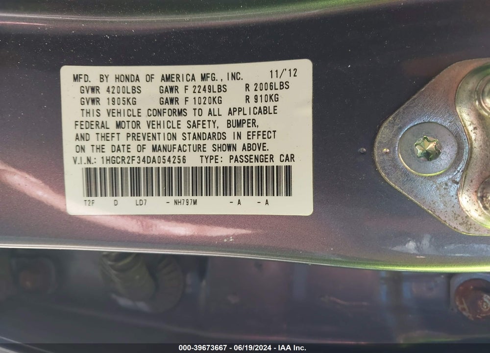 2013 HONDA ACCORD LX VIN: 1HGCR2F34DA054256