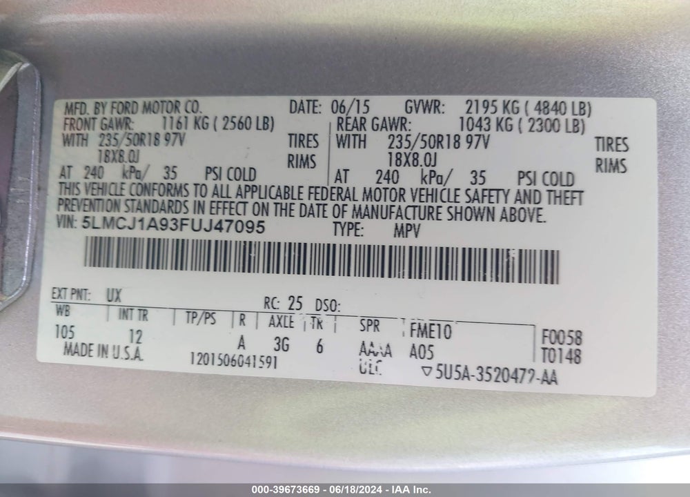 2015 LINCOLN MKC VIN: 5LMCJ1A93FUJ47095