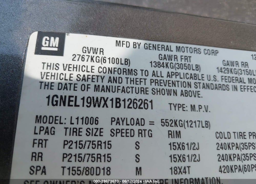 2001 CHEVROLET ASTRO LS VIN: 1GNEL19WX1B126261