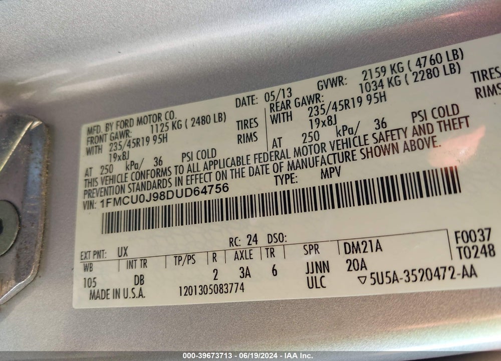 2013 FORD ESCAPE TITANIUM VIN: 1FMCU0J98DUD64756
